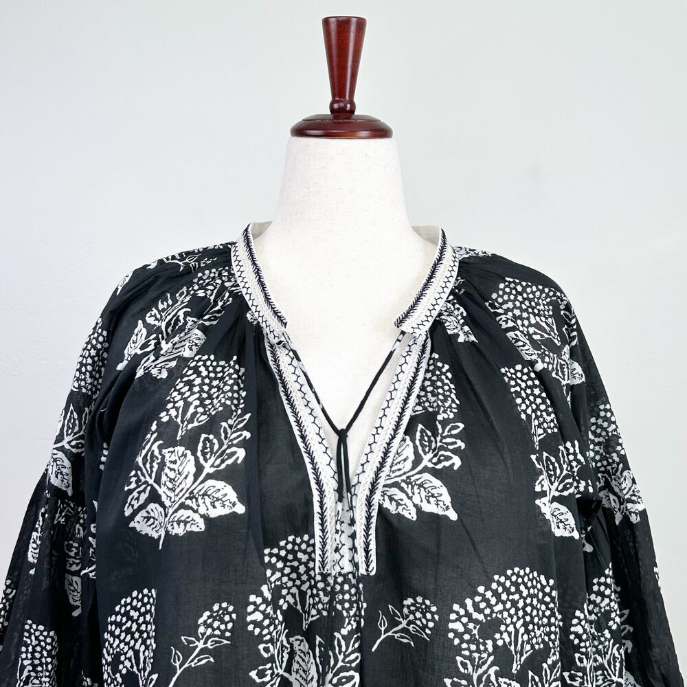 Alamwar India XL Black Floral Block Prink Bohemian Tassel Tie Cotton Blouse NWT - Picture 4 of 12